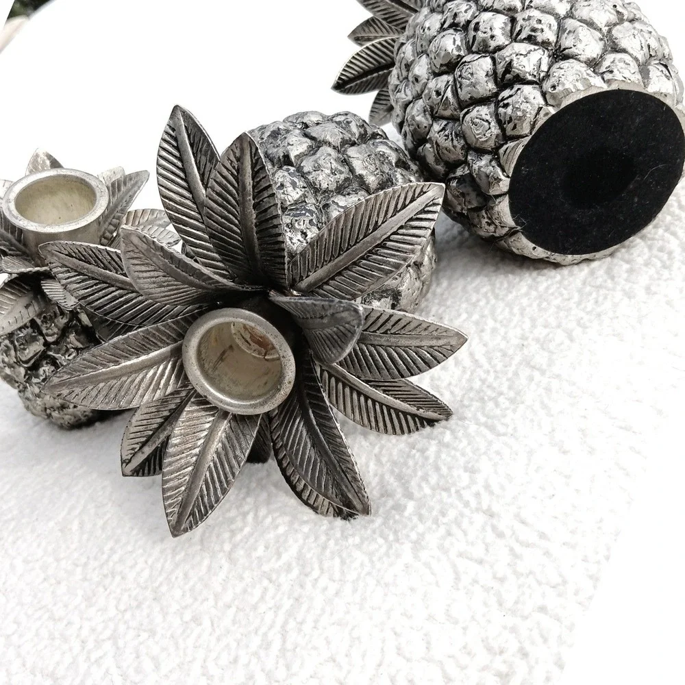 Tropoical Pineapple Candle Holder Trio Textured Heavy Silver 3pc‎ Vintage 4.5#